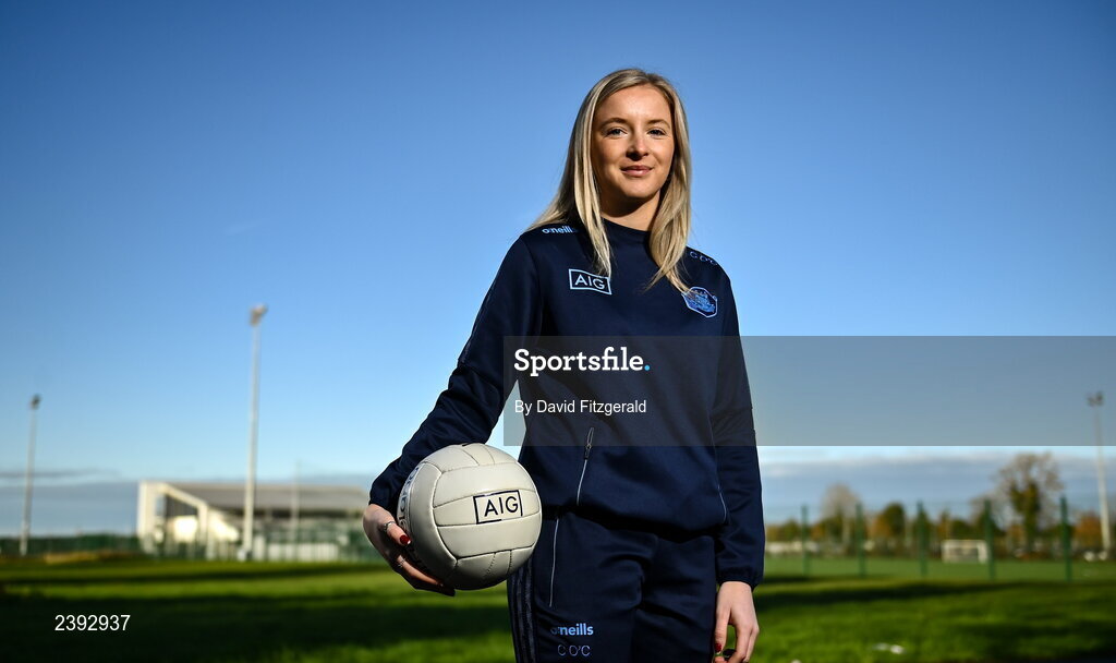 7 December 2022; Dublin ladies footballer Caoimhe O’Connor poses for a portrait after a training session for students of Tyrrelstown Educate Together National School. As proud sponsors of Dublin GAA, AIG are encouraging participation in GAA around Dublin through its Diversity, Equality and Inclusion Roadshow (DEI Roadshow) at Tyrellstown ETNS in Dublin. Photo by David Fitzgerald/Sportsfile