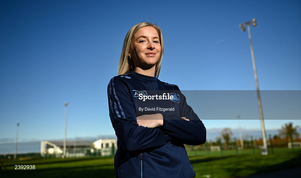 7 December 2022; Dublin ladies footballer  Caoimhe O’Connor poses for a portrait after a training session for students of Tyrrelstown Educate Together National School. As proud sponsors of Dublin GAA, AIG are encouraging participation in GAA around Dublin through its Diversity, Equality and Inclusion Roadshow (DEI Roadshow) at Tyrellstown ETNS in Dublin. Photo by David Fitzgerald/Sportsfile