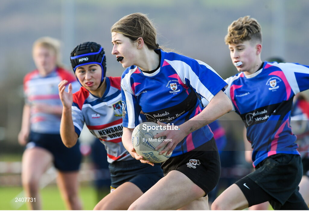 7 January 2022; Grace Roche of Wexford Wanderers in action during the Bank of Ireland Leinster Rugby Girls U16 Plate match between Wexford Wanderers of Wexford and Mullingar Blue of Longford at the Pitch 2 in SETU Carlow, Carlow. Photo by Matt Browne/Sportsfile