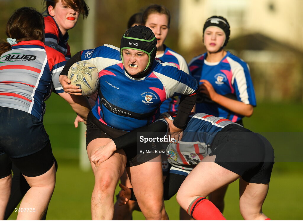 7 January 2022; Shannon Codd of Wexford Wanderers in action during the Bank of Ireland Leinster Rugby Girls U16 Plate match between Wexford Wanderers of Wexford and Mullingar Blue of Longford at the Pitch 2 in SETU Carlow, Carlow. Photo by Matt Browne/Sportsfile