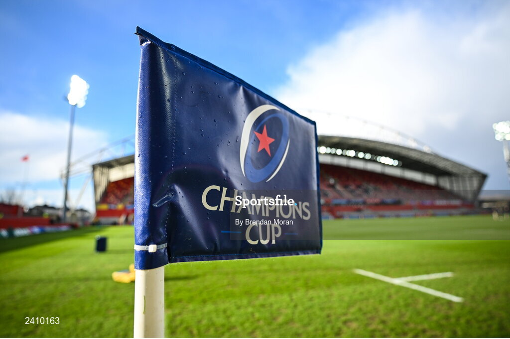 14 January 2023; A general view of a Champions Cup corner flag before the Heineken Champions Cup Pool B Round 3 match between Munster and Northampton Saints at Thomond Park in Limerick. Photo by Brendan Moran/Sportsfile
