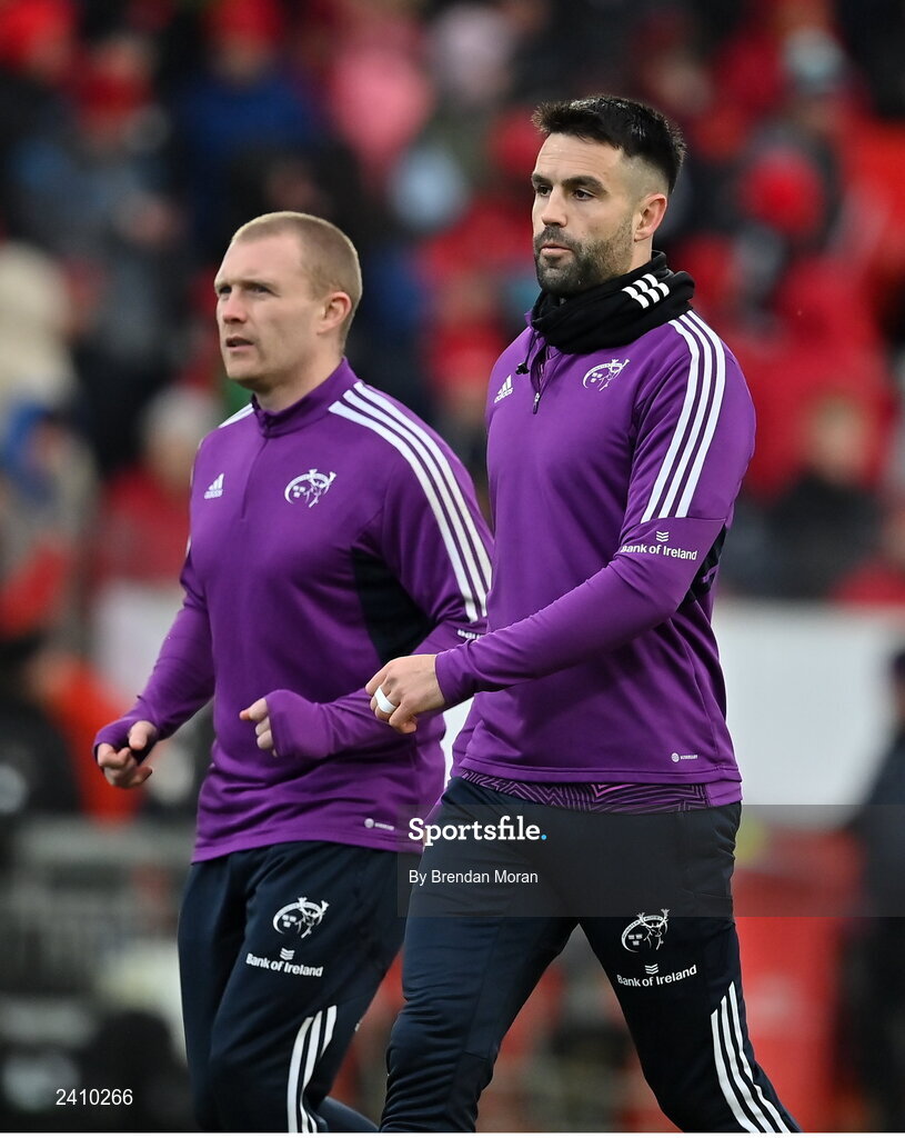 14 January 2023; Conor Murray, right, and Keith Earls of Munster before the Heineken Champions Cup Pool B Round 3 match between Munster and Northampton Saints at Thomond Park in Limerick. Photo by Brendan Moran/Sportsfile