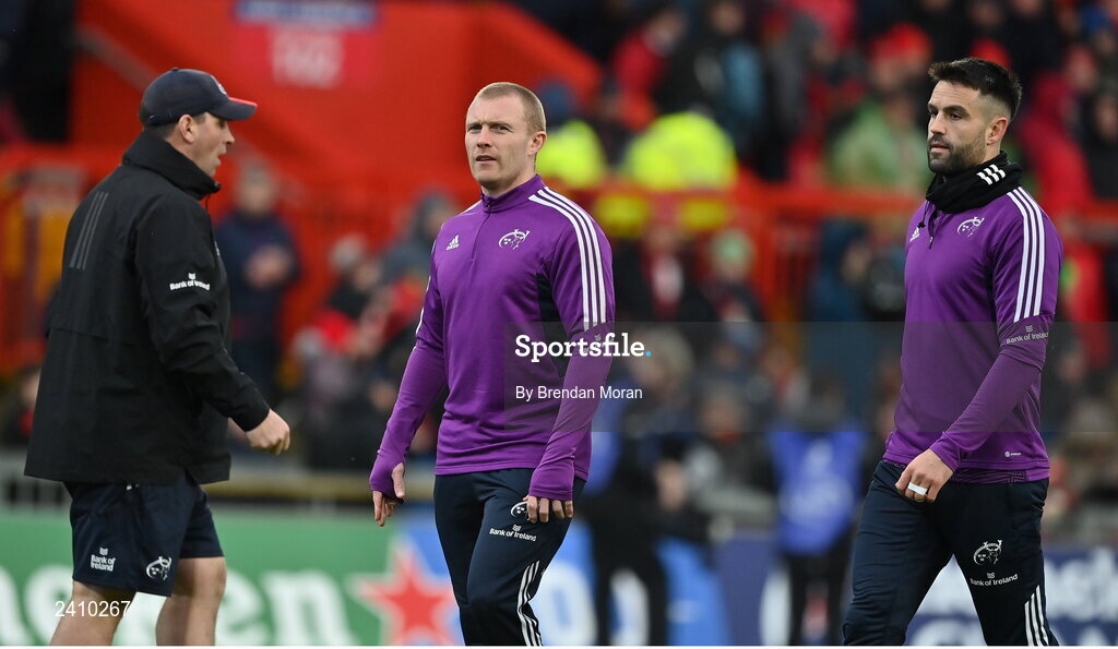 14 January 2023; Keith Earls, left, and Conor Murray of Munster before the Heineken Champions Cup Pool B Round 3 match between Munster and Northampton Saints at Thomond Park in Limerick. Photo by Brendan Moran/Sportsfile