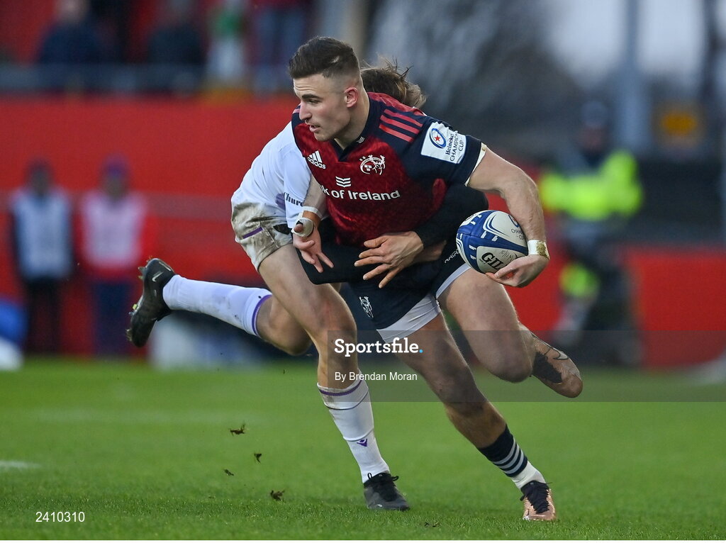 14 January 2023; Shane Daly of Munster is tackled by James Ramm of Northampton Saints during the Heineken Champions Cup Pool B Round 3 match between Munster and Northampton Saints at Thomond Park in Limerick. Photo by Brendan Moran/Sportsfile