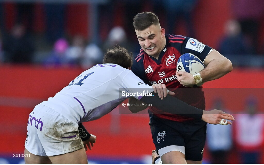 14 January 2023; Shane Daly of Munster is tackled by James Ramm of Northampton Saints during the Heineken Champions Cup Pool B Round 3 match between Munster and Northampton Saints at Thomond Park in Limerick. Photo by Brendan Moran/Sportsfile