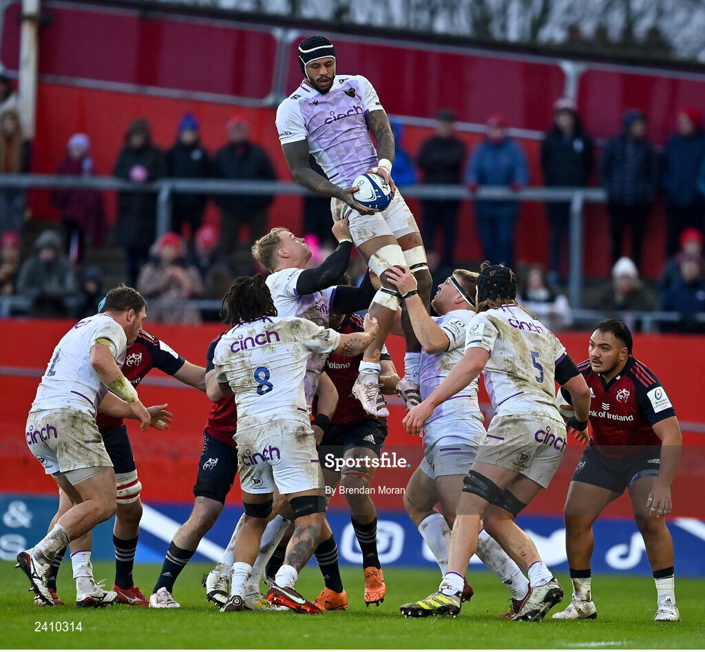 14 January 2023; Courtney Lawes of Northampton Saints wins a lineout during the Heineken Champions Cup Pool B Round 3 match between Munster and Northampton Saints at Thomond Park in Limerick. Photo by Brendan Moran/Sportsfile