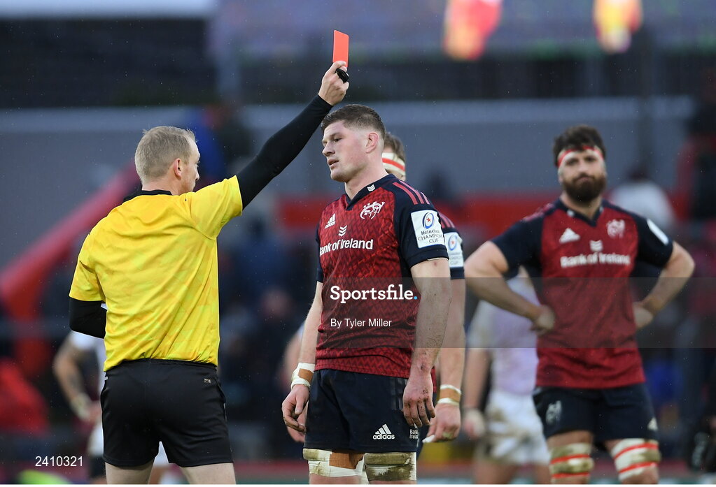 14 January 2023; Jack O’Donoghue of Munster is shown a red card by referee Pierre-Baptiste Nuchy during the Heineken Champions Cup Pool B Round 3 match between Munster and Northampton Saints at Thomond Park in Limerick. Photo by Tyler Miller/Sportsfile