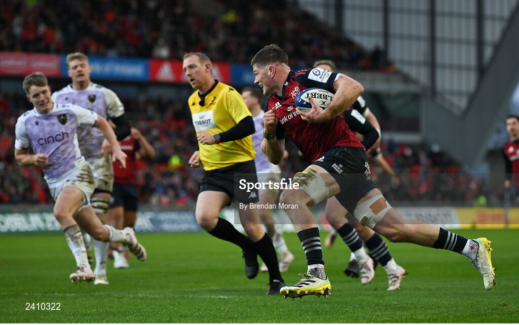 14 January 2023; Jack O’Donoghue of Munster runs through to score his side's second try during the Heineken Champions Cup Pool B Round 3 match between Munster and Northampton Saints at Thomond Park in Limerick. Photo by Brendan Moran/Sportsfile