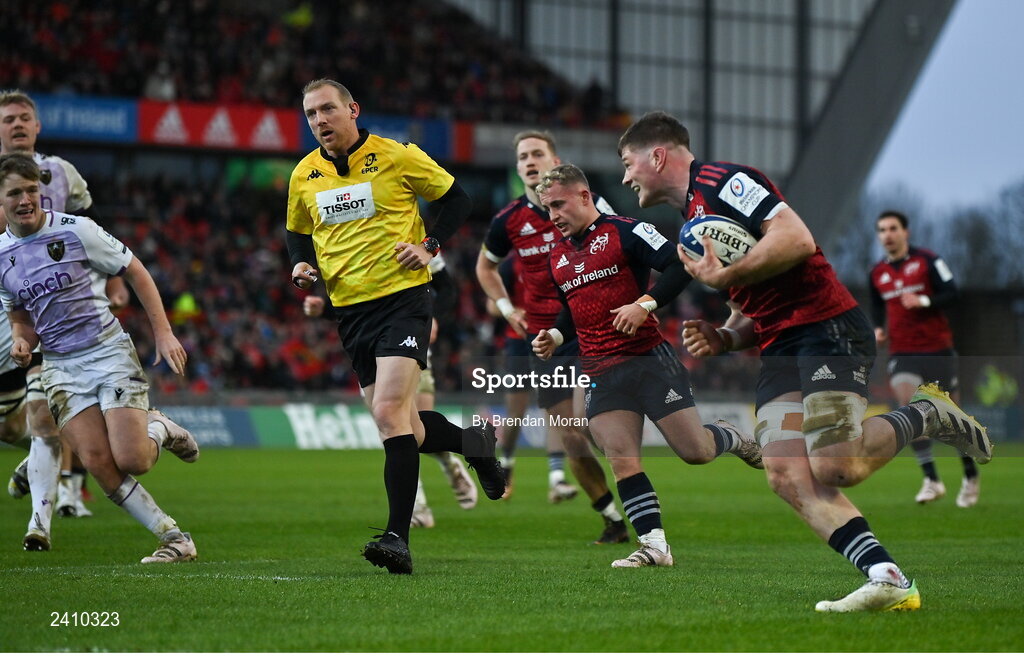 14 January 2023; Jack O’Donoghue of Munster runs through to score his side's second try during the Heineken Champions Cup Pool B Round 3 match between Munster and Northampton Saints at Thomond Park in Limerick. Photo by Brendan Moran/Sportsfile