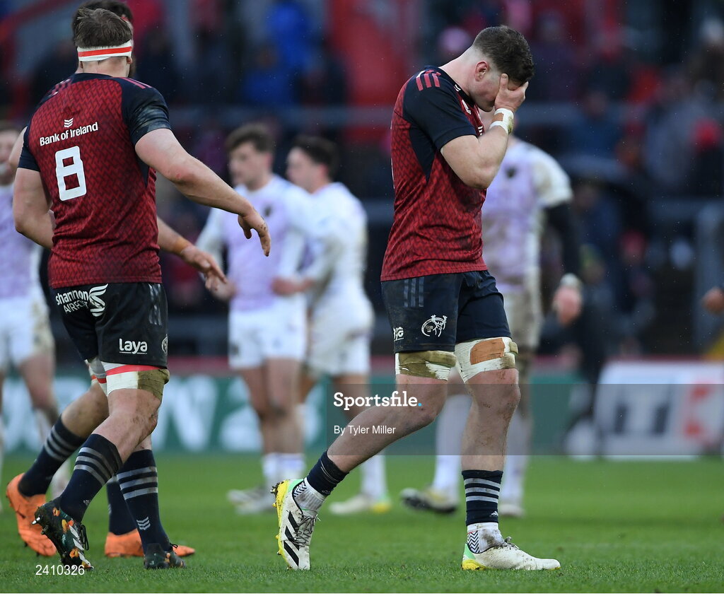 14 January 2023; Jack O’Donoghue of Munster leaves the pitch after receiving a red card from referee Pierre-Baptiste Nuchy during the Heineken Champions Cup Pool B Round 3 match between Munster and Northampton Saints at Thomond Park in Limerick. Photo by Tyler Miller/Sportsfile