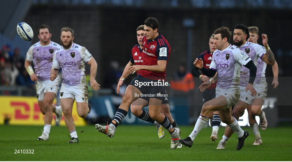 14 January 2023; Antoine Frisch of Munster kicks a loose ball down the pitch during the Heineken Champions Cup Pool B Round 3 match between Munster and Northampton Saints at Thomond Park in Limerick. Photo by Brendan Moran/Sportsfile