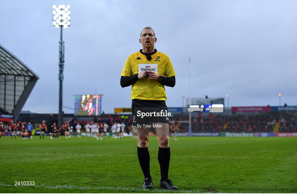 14 January 2023; Referee Tual Trainini watches the in stadium screen for foul play which resulted in a red card for Jack O’Donoghue of Munster during the Heineken Champions Cup Pool B Round 3 match between Munster and Northampton Saints at Thomond Park in Limerick. Photo by Tyler Miller/Sportsfile