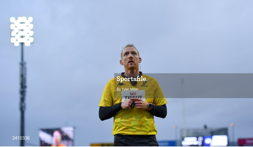 14 January 2023; Referee Tual Trainini watches the in stadium screen for foul play which resulted in a red card for Jack O’Donoghue of Munster during the Heineken Champions Cup Pool B Round 3 match between Munster and Northampton Saints at Thomond Park in Limerick. Photo by Tyler Miller/Sportsfile