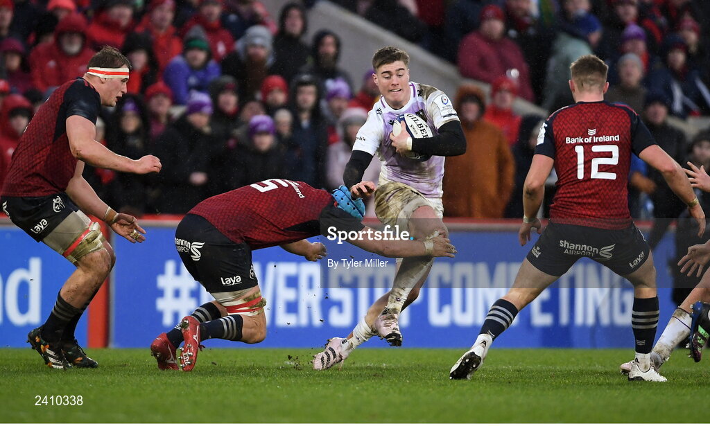 14 January 2023; Tommy Freeman of Northampton Saints in action against Tadhg Beirne of Munster during the Heineken Champions Cup Pool B Round 3 match between Munster and Northampton Saints at Thomond Park in Limerick. Photo by Tyler Miller/Sportsfile