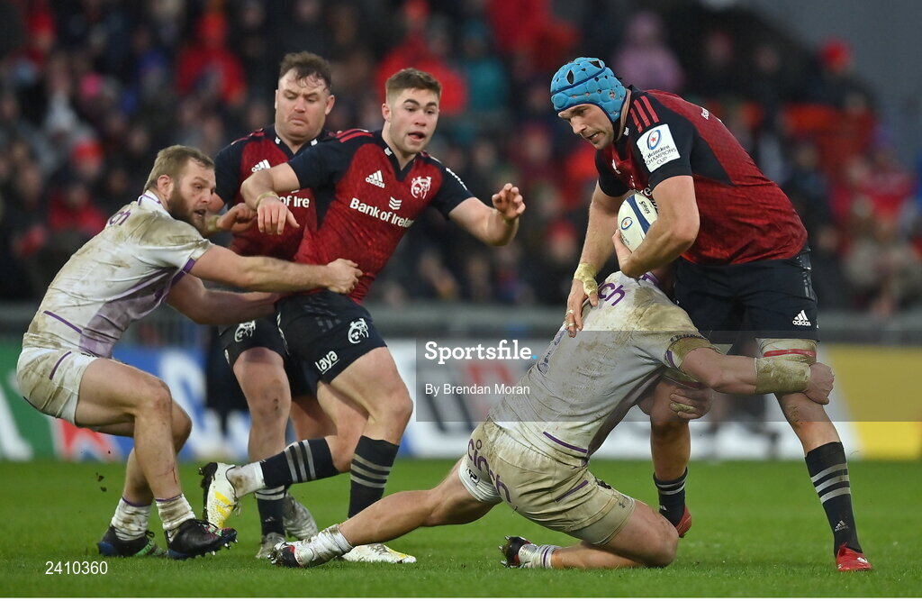 14 January 2023; Tadhg Beirne of Munster is tackled by Mike Haywood of Northampton Saints during the Heineken Champions Cup Pool B Round 3 match between Munster and Northampton Saints at Thomond Park in Limerick. Photo by Brendan Moran/Sportsfile