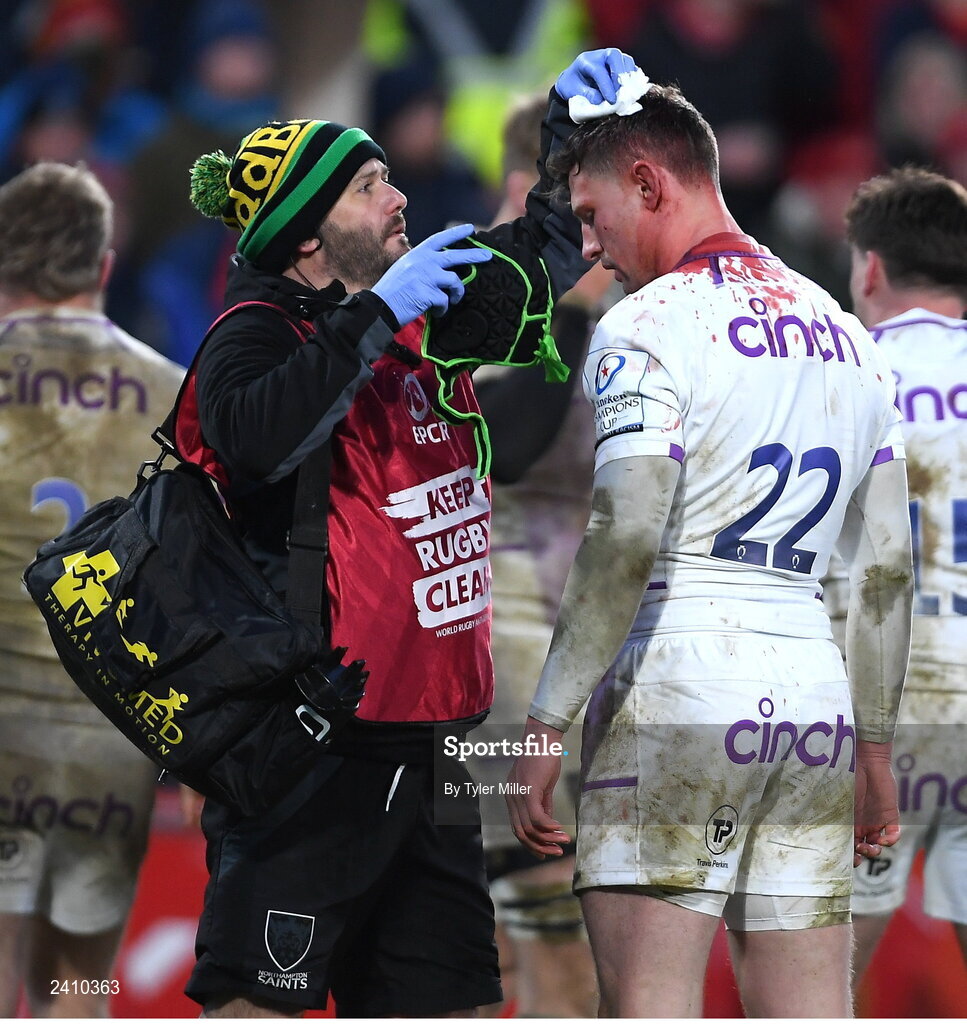 14 January 2023; Fraser Dingwall of Northampton Saints receives medical attention during the Heineken Champions Cup Pool B Round 3 match between Munster and Northampton Saints at Thomond Park in Limerick. Photo by Tyler Miller/Sportsfile