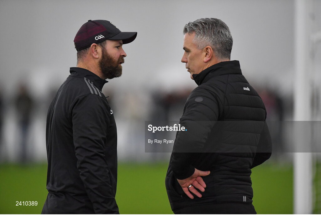 14 January 2023; Galway selector John Divilly and Galway manager Padraic Joyce before the Connacht FBD League Semi-Final match between Mayo and Galway at NUI Galway Connacht GAA Air Dome in Bekan, Mayo. Photo by Ray Ryan/Sportsfile
