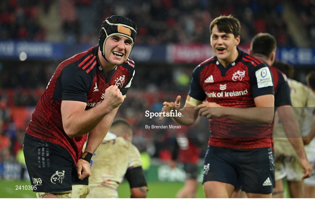 14 January 2023; Alex Kendellen, left, and Antoine Frisch of Munster celebrate victory at the final whistle of the Heineken Champions Cup Pool B Round 3 match between Munster and Northampton Saints at Thomond Park in Limerick. Photo by Brendan Moran/Sportsfile