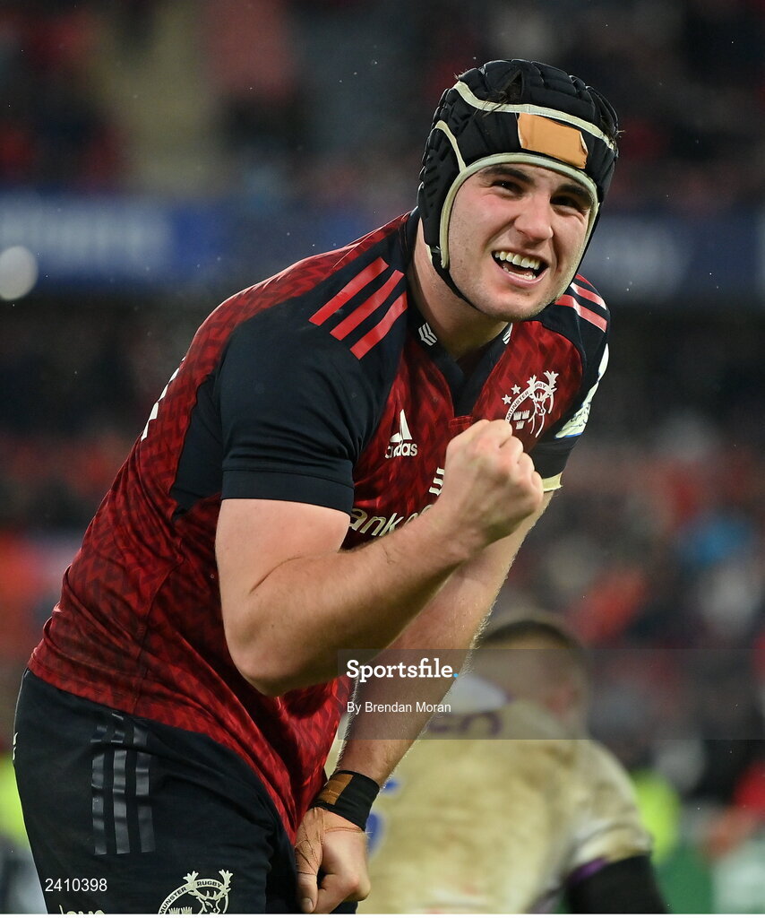 14 January 2023; Alex Kendellen of Munster celebrates victory at the final whistle of the Heineken Champions Cup Pool B Round 3 match between Munster and Northampton Saints at Thomond Park in Limerick. Photo by Brendan Moran/Sportsfile