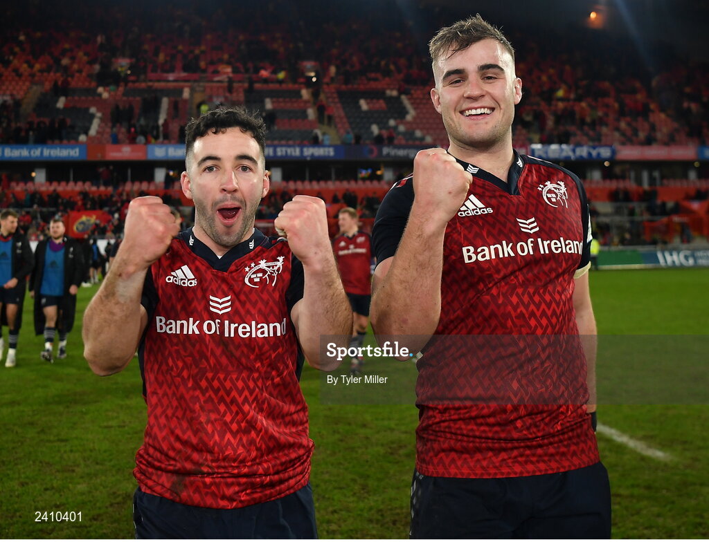14 January 2023; Paddy Patterson, left, and Alex Kendellen of Munster celebrate after their side's victory in the Heineken Champions Cup Pool B Round 3 match between Munster and Northampton Saints at Thomond Park in Limerick. Photo by Tyler Miller/Sportsfile