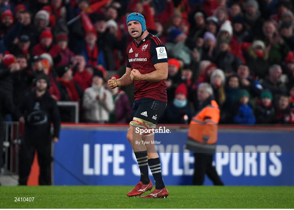 14 January 2023; Tadhg Beirne of Munster celebrates after his side's victory in the Heineken Champions Cup Pool B Round 3 match between Munster and Northampton Saints at Thomond Park in Limerick. Photo by Tyler Miller/Sportsfile
