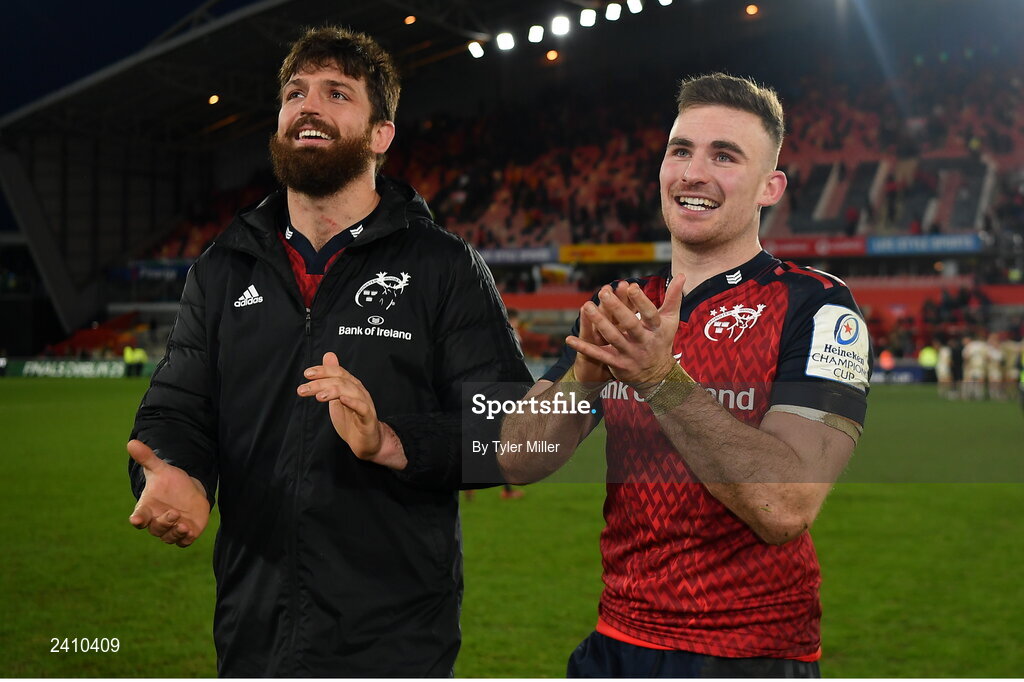 14 January 2023; Jean Kleyn, left, and Shane Daly of Munster applaud supporters after their side's victory in the Heineken Champions Cup Pool B Round 3 match between Munster and Northampton Saints at Thomond Park in Limerick. Photo by Tyler Miller/Sportsfile