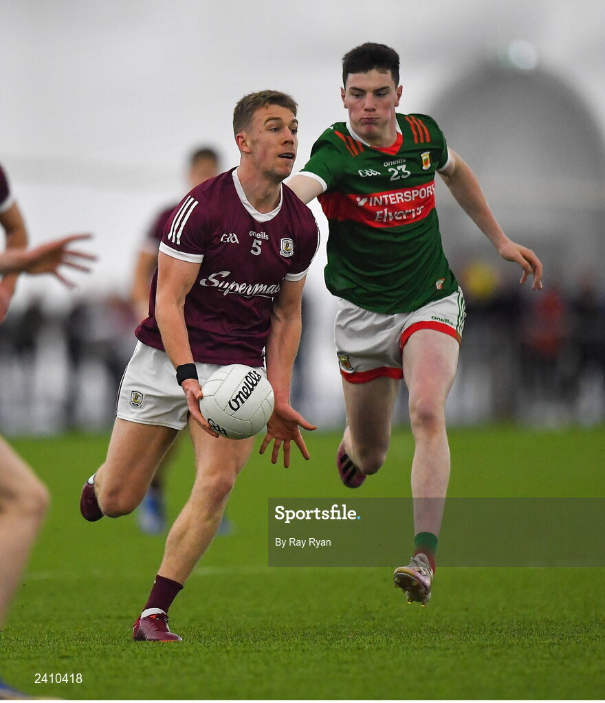 14 January 2023; Dylan McHugh of Galway in action against Bob Tuohy of Mayo during the Connacht FBD League Semi-Final match between Mayo and Galway at NUI Galway Connacht GAA Air Dome in Bekan, Mayo. Photo by Ray Ryan/Sportsfile