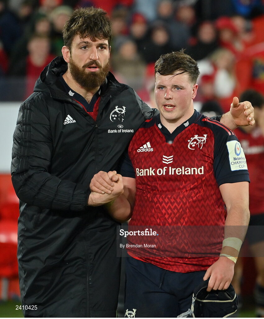 14 January 2023; Jean Kleyn, left, and Josh Wycherley of Munster celebrate victory after the Heineken Champions Cup Pool B Round 3 match between Munster and Northampton Saints at Thomond Park in Limerick. Photo by Brendan Moran/Sportsfile