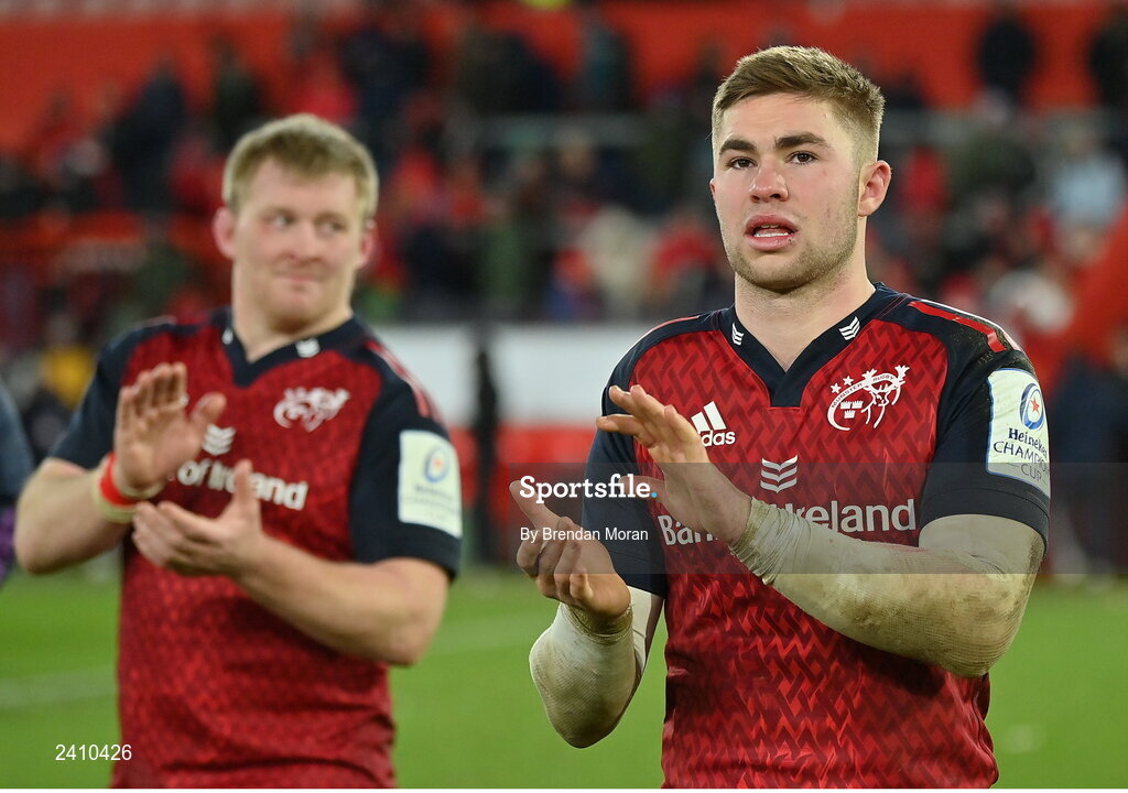 14 January 2023; Jack Crowley of Munster celebrates victory after the Heineken Champions Cup Pool B Round 3 match between Munster and Northampton Saints at Thomond Park in Limerick. Photo by Brendan Moran/Sportsfile