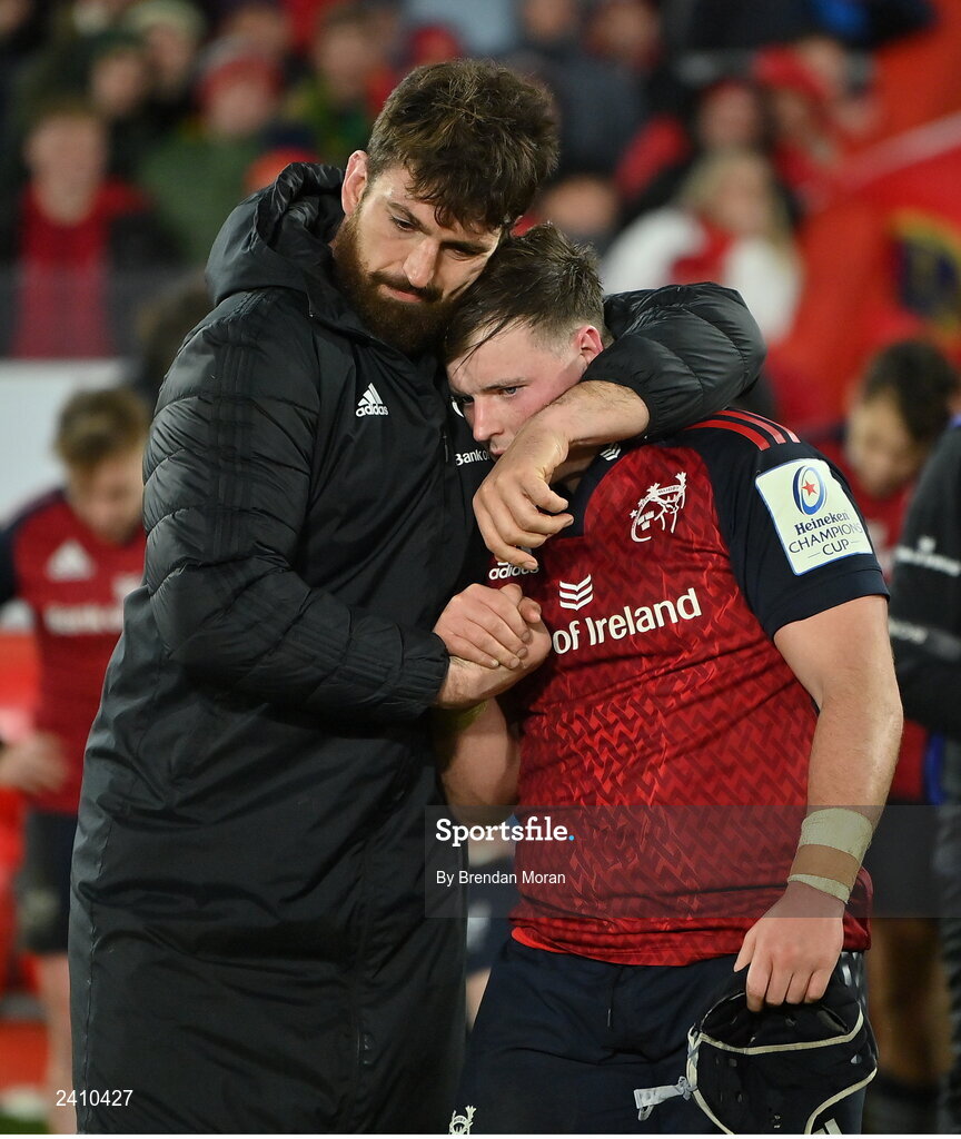 14 January 2023; Jean Kleyn, left, and Josh Wycherley of Munster celebrate victory after the Heineken Champions Cup Pool B Round 3 match between Munster and Northampton Saints at Thomond Park in Limerick. Photo by Brendan Moran/Sportsfile