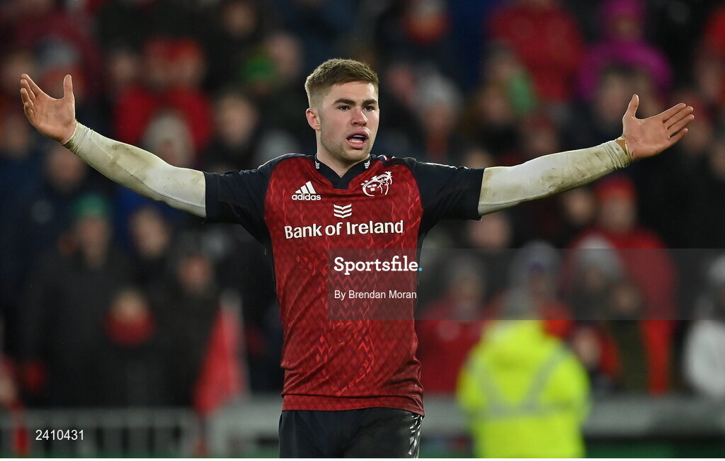 14 January 2023; Jack Crowley of Munster during the Heineken Champions Cup Pool B Round 3 match between Munster and Northampton Saints at Thomond Park in Limerick. Photo by Brendan Moran/Sportsfile