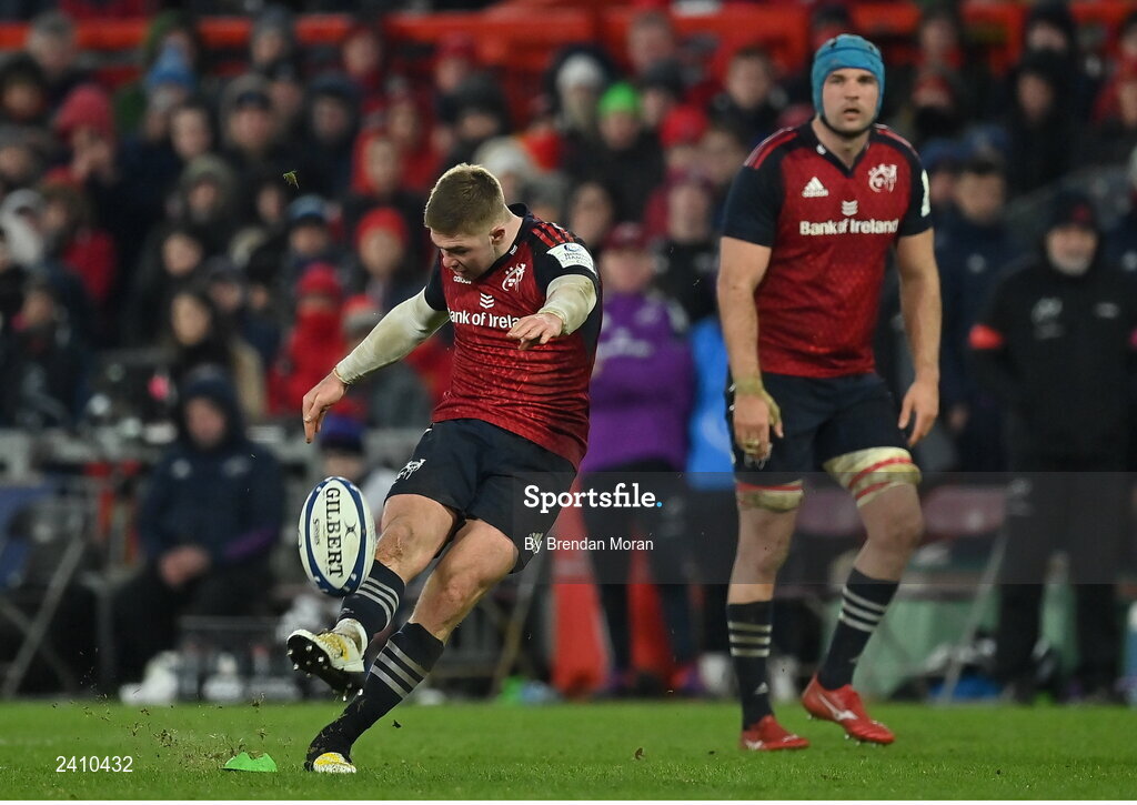 14 January 2023; Jack Crowley of Munster kicks a penalty during the Heineken Champions Cup Pool B Round 3 match between Munster and Northampton Saints at Thomond Park in Limerick. Photo by Brendan Moran/Sportsfile