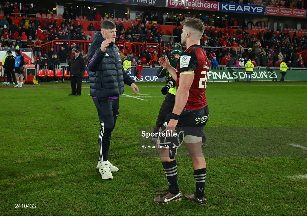 14 January 2023; Jack O'Donoghue of Munster, left, and team-mate Alex Kendellen after the Heineken Champions Cup Pool B Round 3 match between Munster and Northampton Saints at Thomond Park in Limerick. Photo by Brendan Moran/Sportsfile