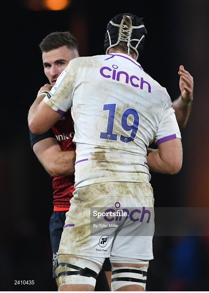 14 January 2023; Shane Daly of Munster, left, and Alex Coles of Northampton Saints after the Heineken Champions Cup Pool B Round 3 match between Munster and Northampton Saints at Thomond Park in Limerick. Photo by Tyler Miller/Sportsfile