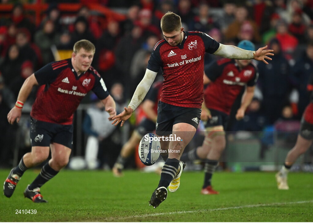14 January 2023; Jack Crowley of Munster takes a restart during the Heineken Champions Cup Pool B Round 3 match between Munster and Northampton Saints at Thomond Park in Limerick. Photo by Brendan Moran/Sportsfile