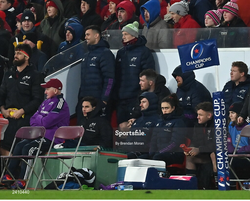 14 January 2023; Jack O'Donoghue of Munster, centre, looks on from the substitutes bench after being shown a red card during the Heineken Champions Cup Pool B Round 3 match between Munster and Northampton Saints at Thomond Park in Limerick. Photo by Brendan Moran/Sportsfile