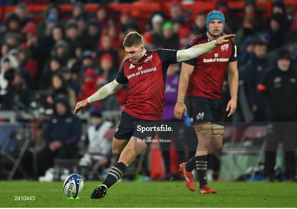 14 January 2023; Jack Crowley of Munster kicks a penalty during the Heineken Champions Cup Pool B Round 3 match between Munster and Northampton Saints at Thomond Park in Limerick. Photo by Brendan Moran/Sportsfile