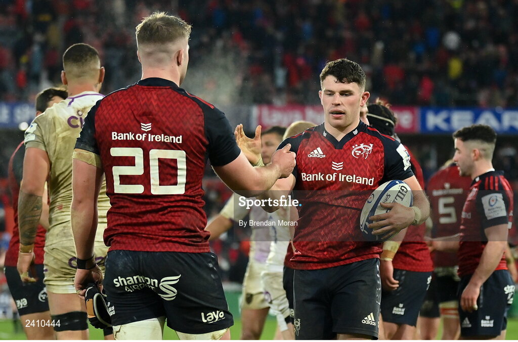 14 January 2023; Calvin Nash, right, and Alex Kendellen of Munster celebrate victory after the Heineken Champions Cup Pool B Round 3 match between Munster and Northampton Saints at Thomond Park in Limerick. Photo by Brendan Moran/Sportsfile