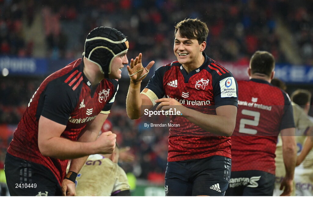 14 January 2023; Antoine Frisch, right, and Alex Kendellen of Munster celebrate victory after the Heineken Champions Cup Pool B Round 3 match between Munster and Northampton Saints at Thomond Park in Limerick. Photo by Brendan Moran/Sportsfile