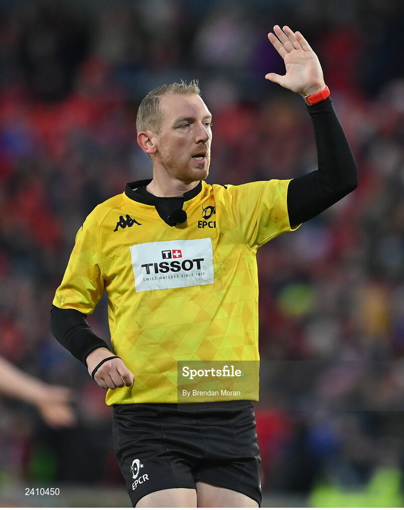 14 January 2023; Referee Tual Trainini during the Heineken Champions Cup Pool B Round 3 match between Munster and Northampton Saints at Thomond Park in Limerick. Photo by Brendan Moran/Sportsfile