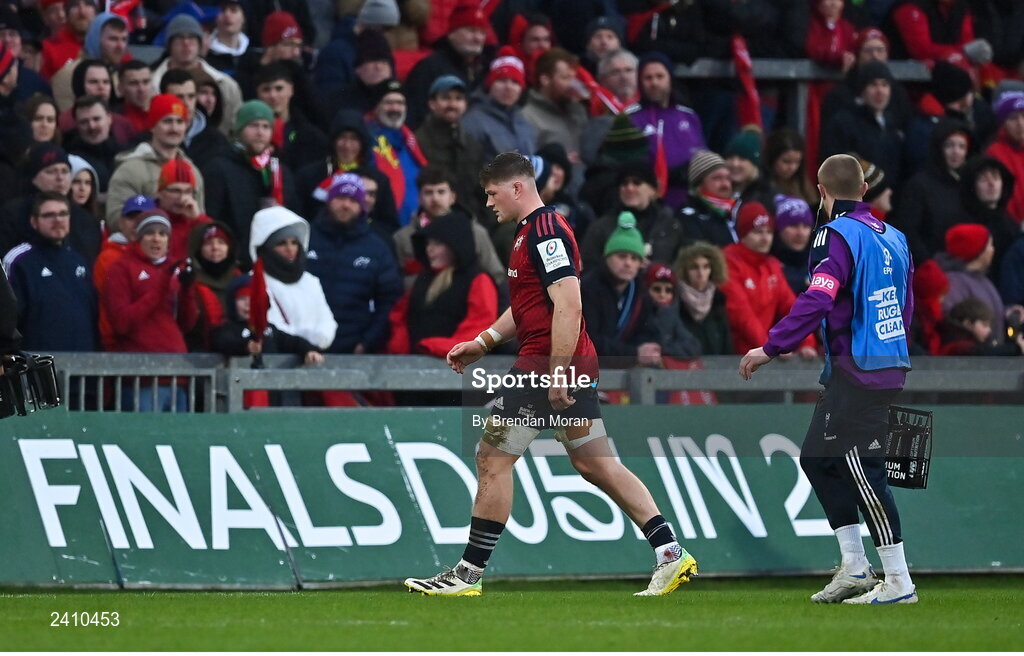 14 January 2023; Jack O'Donoghue of Munster leaves the pitch after being shown a red card during the Heineken Champions Cup Pool B Round 3 match between Munster and Northampton Saints at Thomond Park in Limerick. Photo by Brendan Moran/Sportsfile