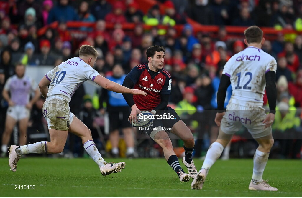 14 January 2023; Joey Carbery of Munster in action against Fin Smith and Rory Hutchinson of Northampton Saints during the Heineken Champions Cup Pool B Round 3 match between Munster and Northampton Saints at Thomond Park in Limerick. Photo by Brendan Moran/Sportsfile