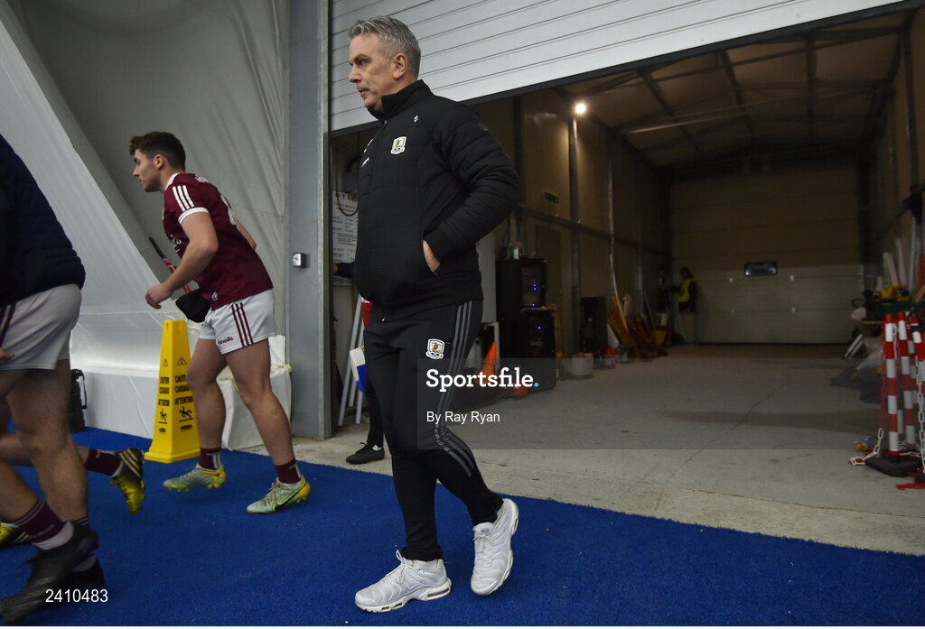 14 January 2023; Galway manager Padraic Joyce enters the Dome for the second half of the Connacht FBD League Semi-Final match between Mayo and Galway at NUI Galway Connacht GAA Air Dome in Bekan, Mayo. Photo by Ray Ryan/Sportsfile