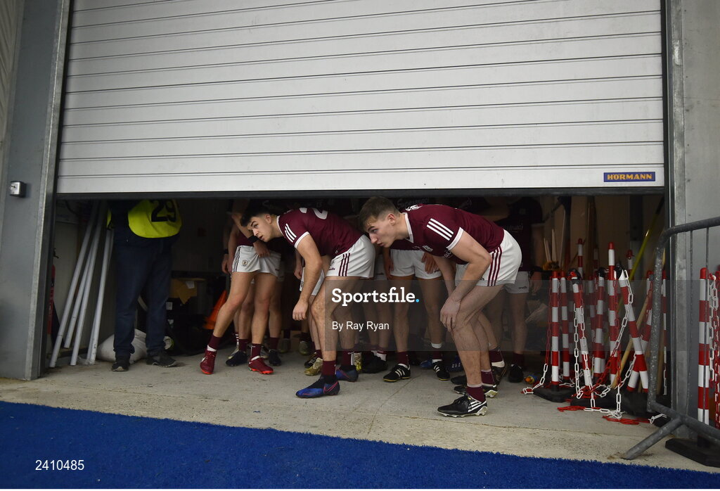 14 January 2023; Galway players Mathew Tierney and Tomo Culhane enter the Dome for the second half of the Connacht FBD League Semi-Final match between Mayo and Galway at NUI Galway Connacht GAA Air Dome in Bekan, Mayo. Photo by Ray Ryan/Sportsfile