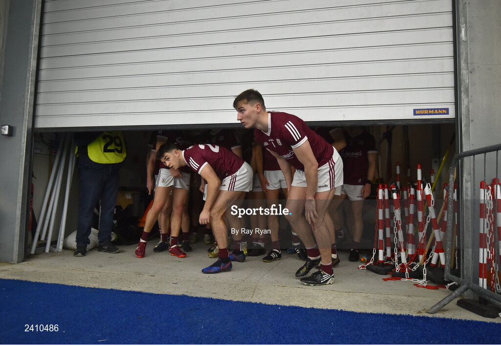 14 January 2023; Galway players Mathew Tierney and Tomo Culhane enter the Dome for the second half of the Connacht FBD League Semi-Final match between Mayo and Galway at NUI Galway Connacht GAA Air Dome in Bekan, Mayo. Photo by Ray Ryan/Sportsfile