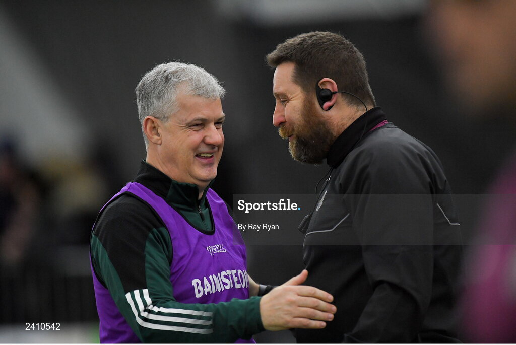 14 January 2023; Mayo manager Kevin McStay chats with Galway coach Cian O’Neill after the Connacht FBD League Semi-Final match between Mayo and Galway at NUI Galway Connacht GAA Air Dome in Bekan, Mayo. Photo by Ray Ryan/Sportsfile