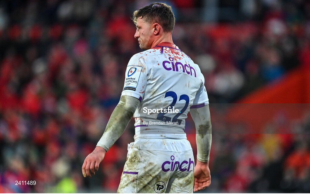 14 January 2023; Fraser Dingwall of Northampton Saints with a blood injury during the Heineken Champions Cup Pool B Round 3 match between Munster and Northampton Saints at Thomond Park in Limerick. Photo by Brendan Moran/Sportsfile