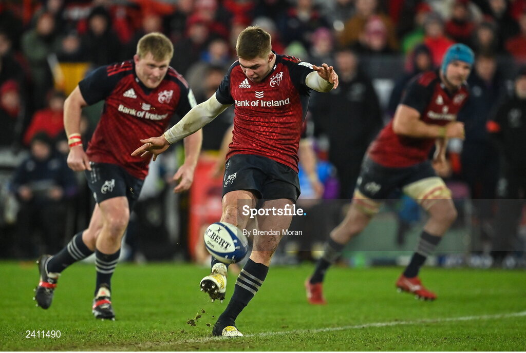 14 January 2023; Jack Crowley of Munster restarts the game during the Heineken Champions Cup Pool B Round 3 match between Munster and Northampton Saints at Thomond Park in Limerick. Photo by Brendan Moran/Sportsfile