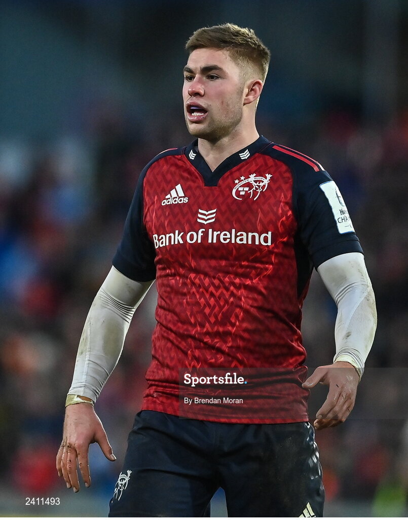 14 January 2023; Jack Crowley of Munster during the Heineken Champions Cup Pool B Round 3 match between Munster and Northampton Saints at Thomond Park in Limerick. Photo by Brendan Moran/Sportsfile