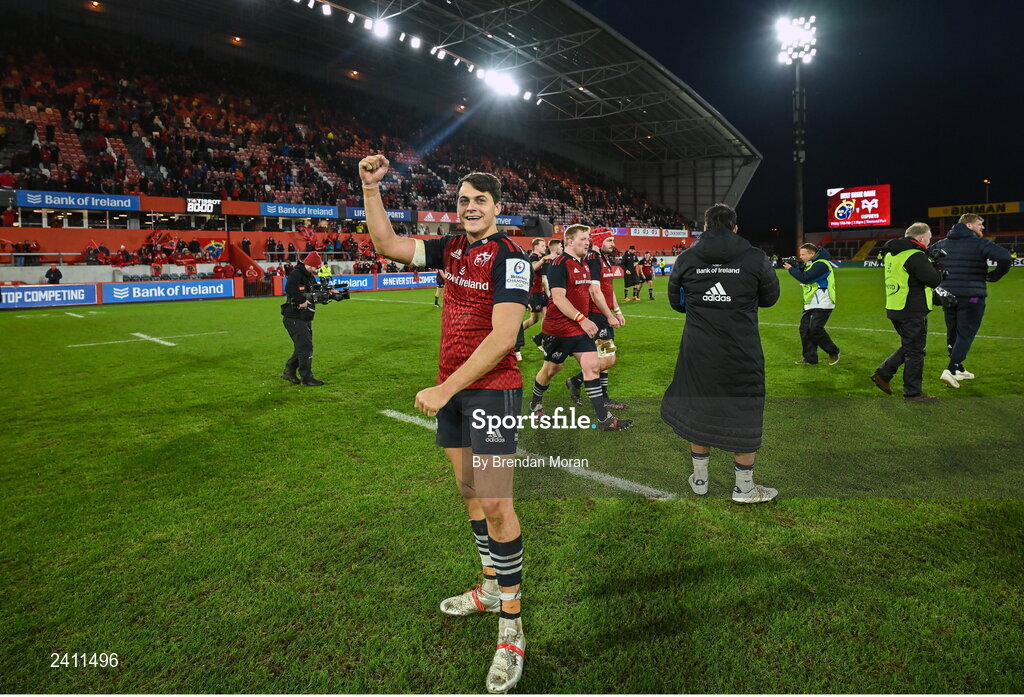 14 January 2023; Antoine Frisch of Munster celebrates after the Heineken Champions Cup Pool B Round 3 match between Munster and Northampton Saints at Thomond Park in Limerick. Photo by Brendan Moran/Sportsfile